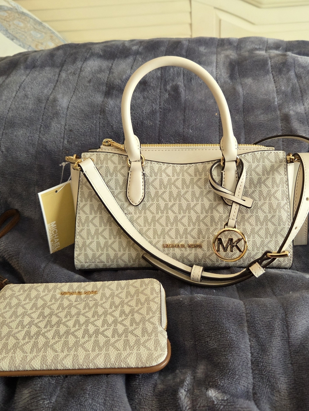 Michael Kors Beige Signature MK Satchel with Gold Logo Charm